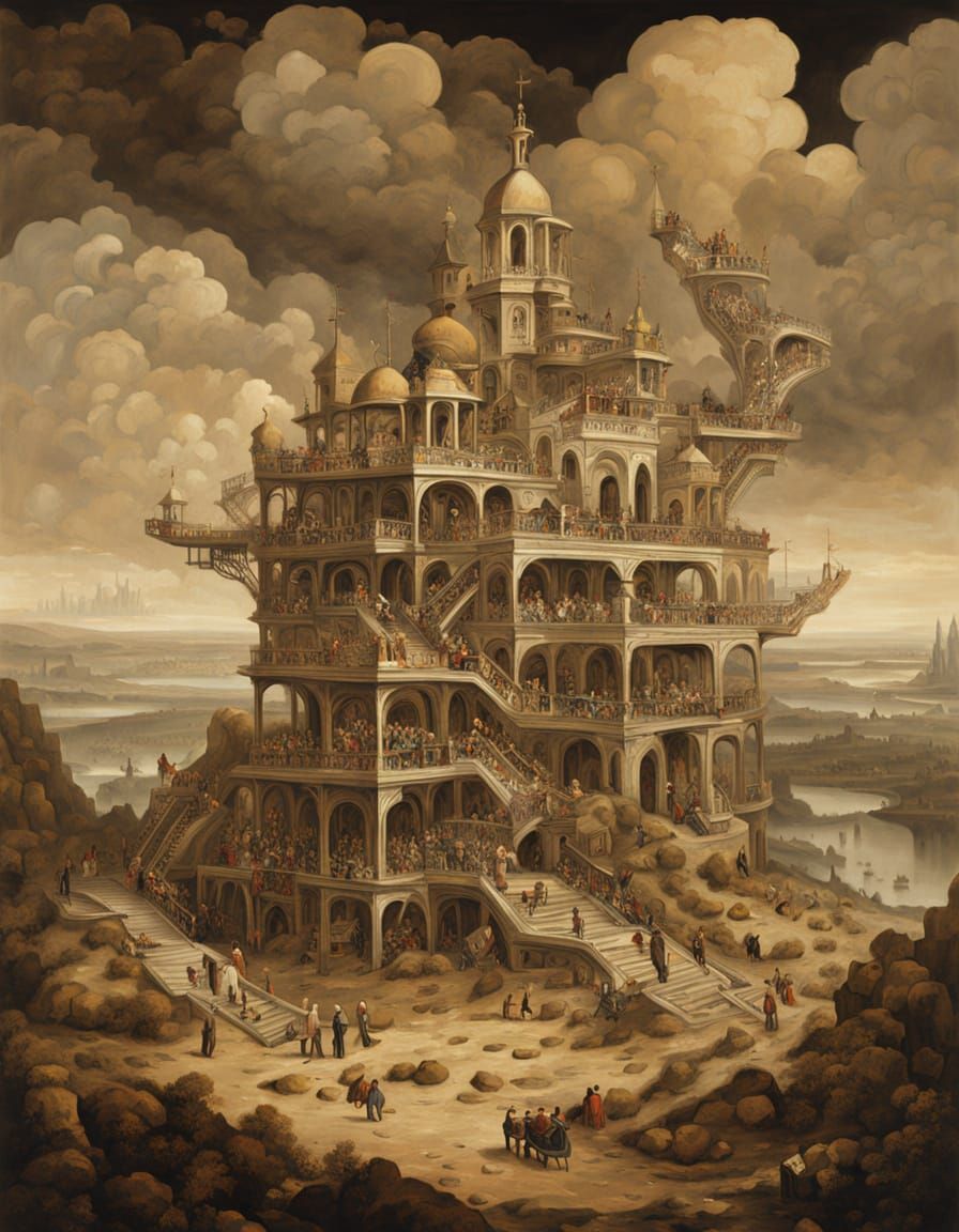 Surreal Escher-esque Structure Painting with Gears and Figur...