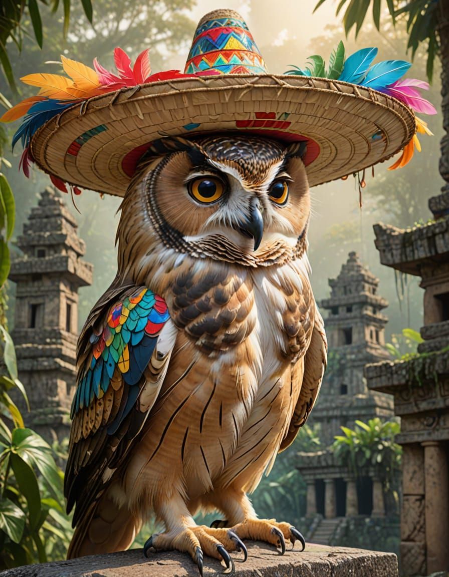 Kawaii Owl in Sombrero at Mayan Temple