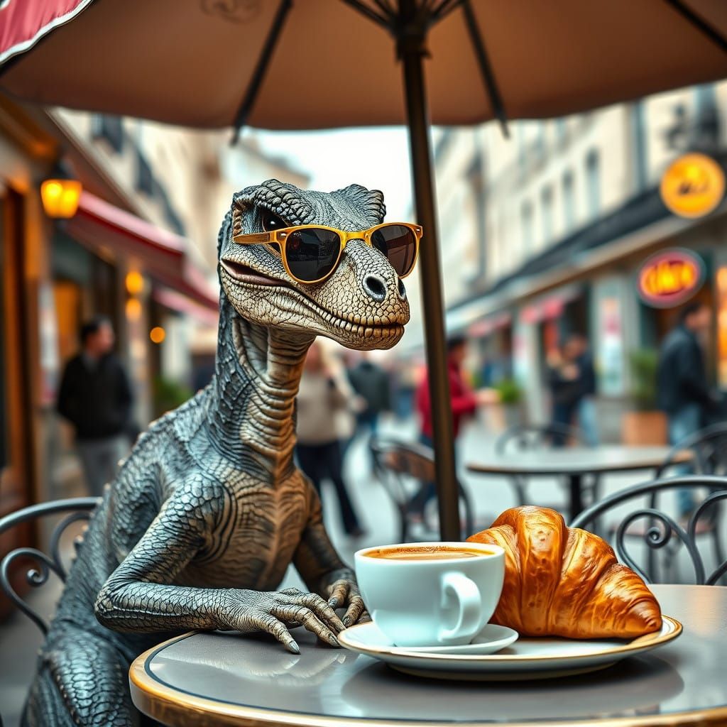 Velociraptor Sips Coffee at Parisian Café