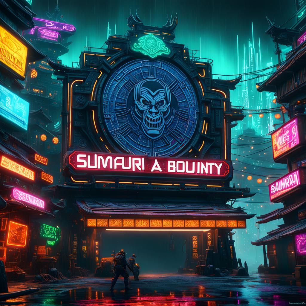 Cyberpunk Oni Samurai Bounty Sign Art