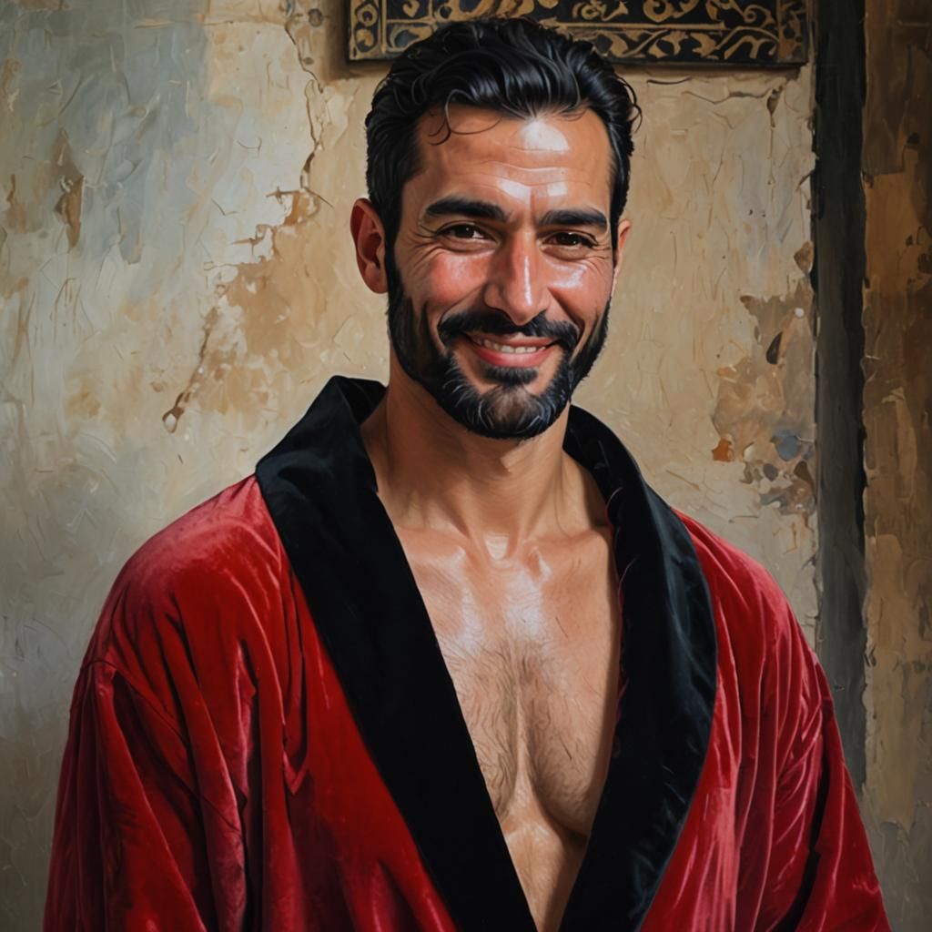 Smiling Man in Red Velvet Robe, Impressionist Style