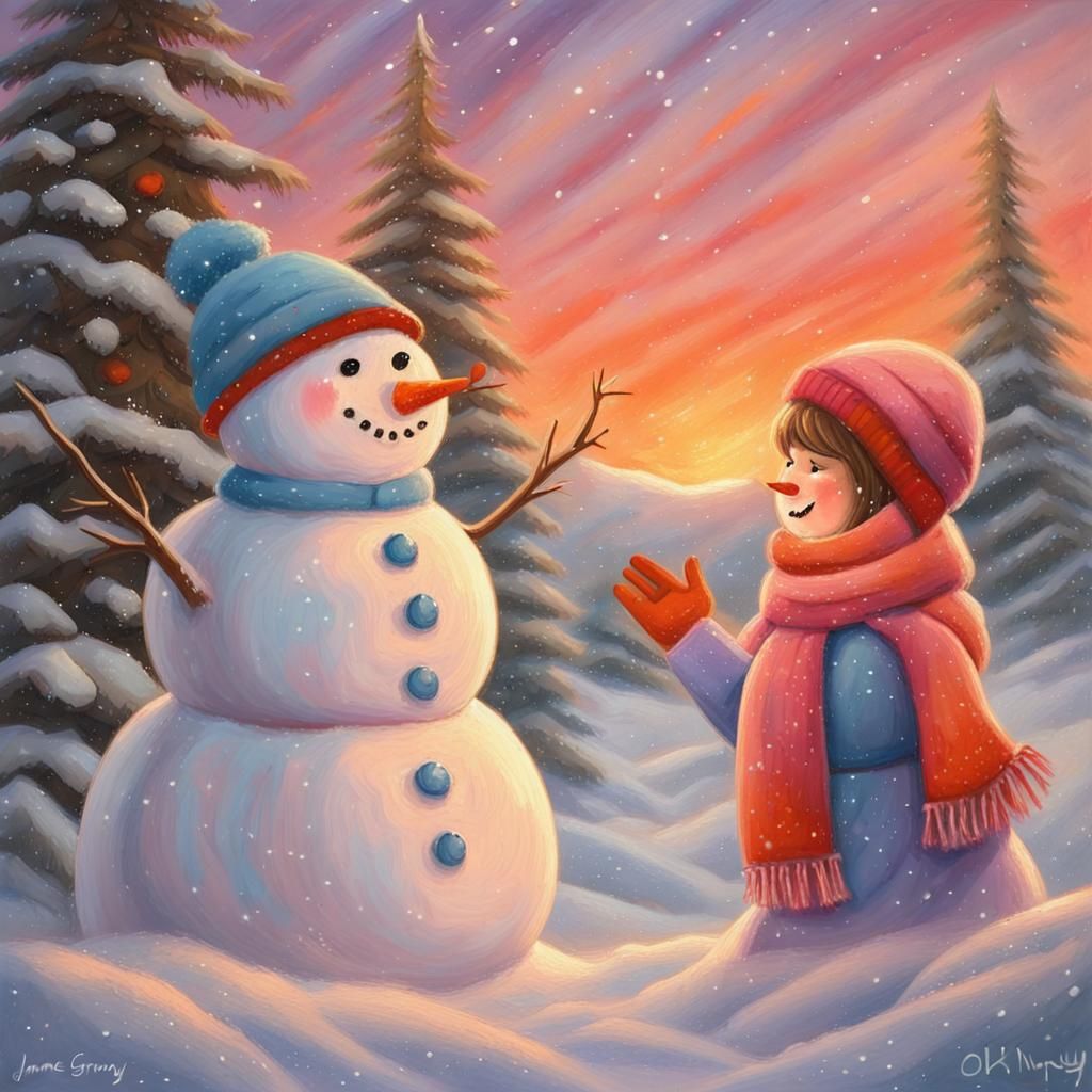 Whimsical Winter Landscape in Vibrant Oil Painting Style