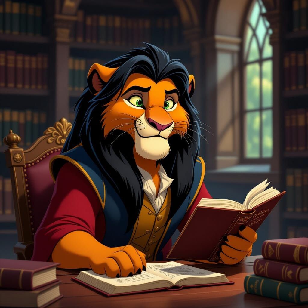 Aristocratic Lion in Library, Traditional Animation Style