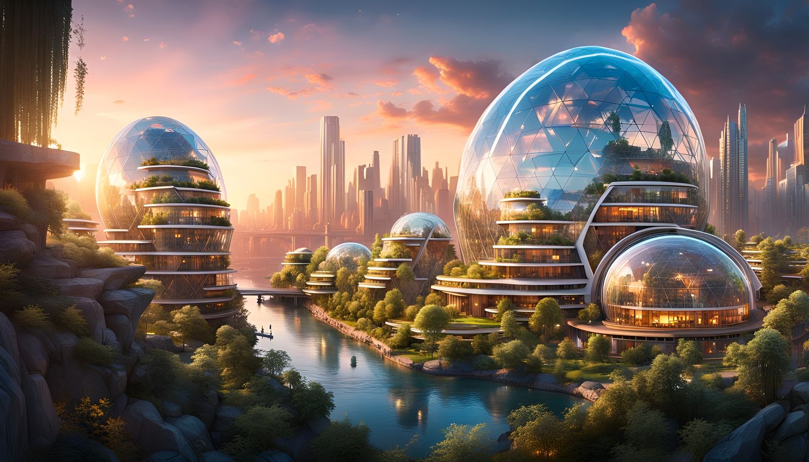 Utopian Solarpunk City with Bioluminescent Lighting