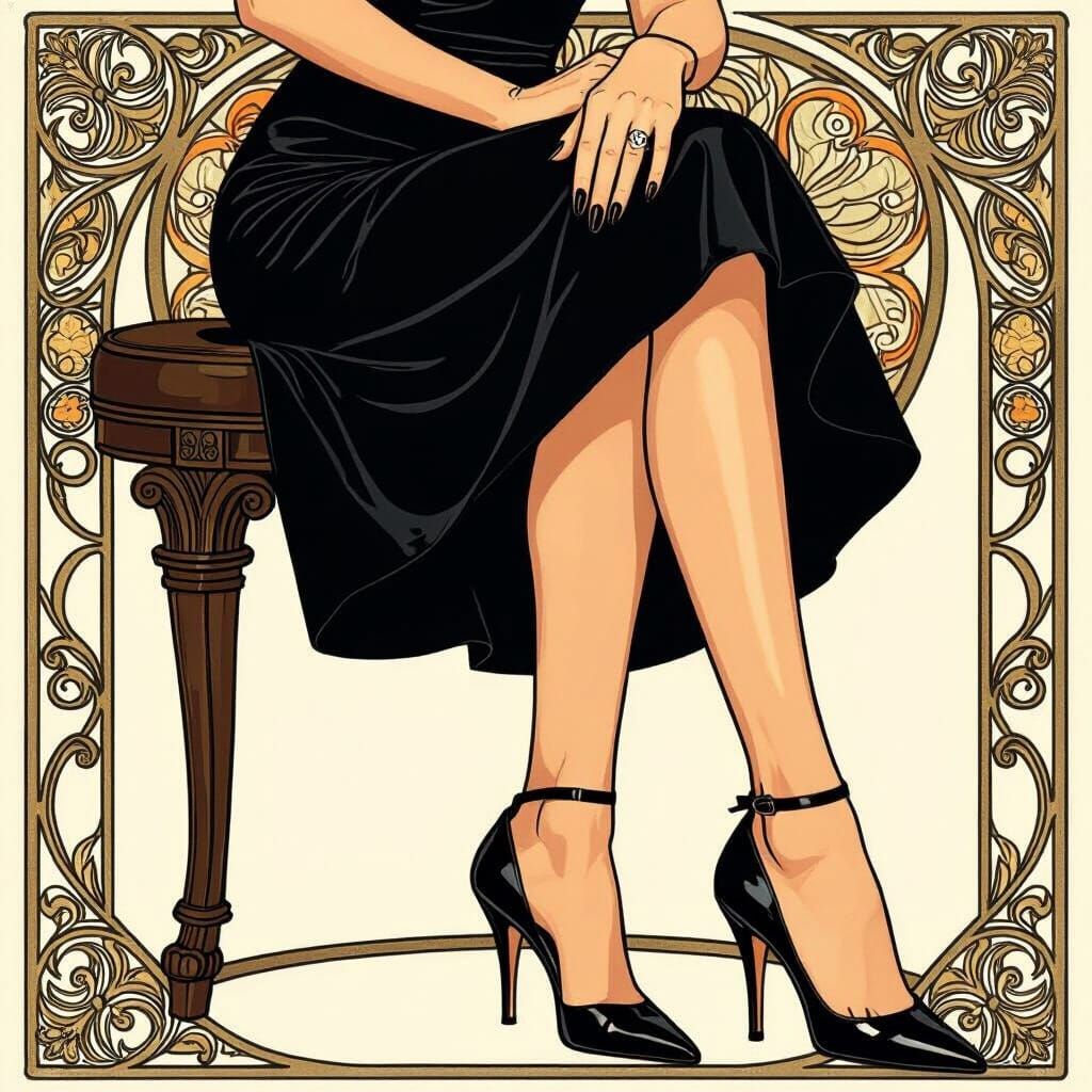 Woman in Black Dress Posing in Art Nouveau Style