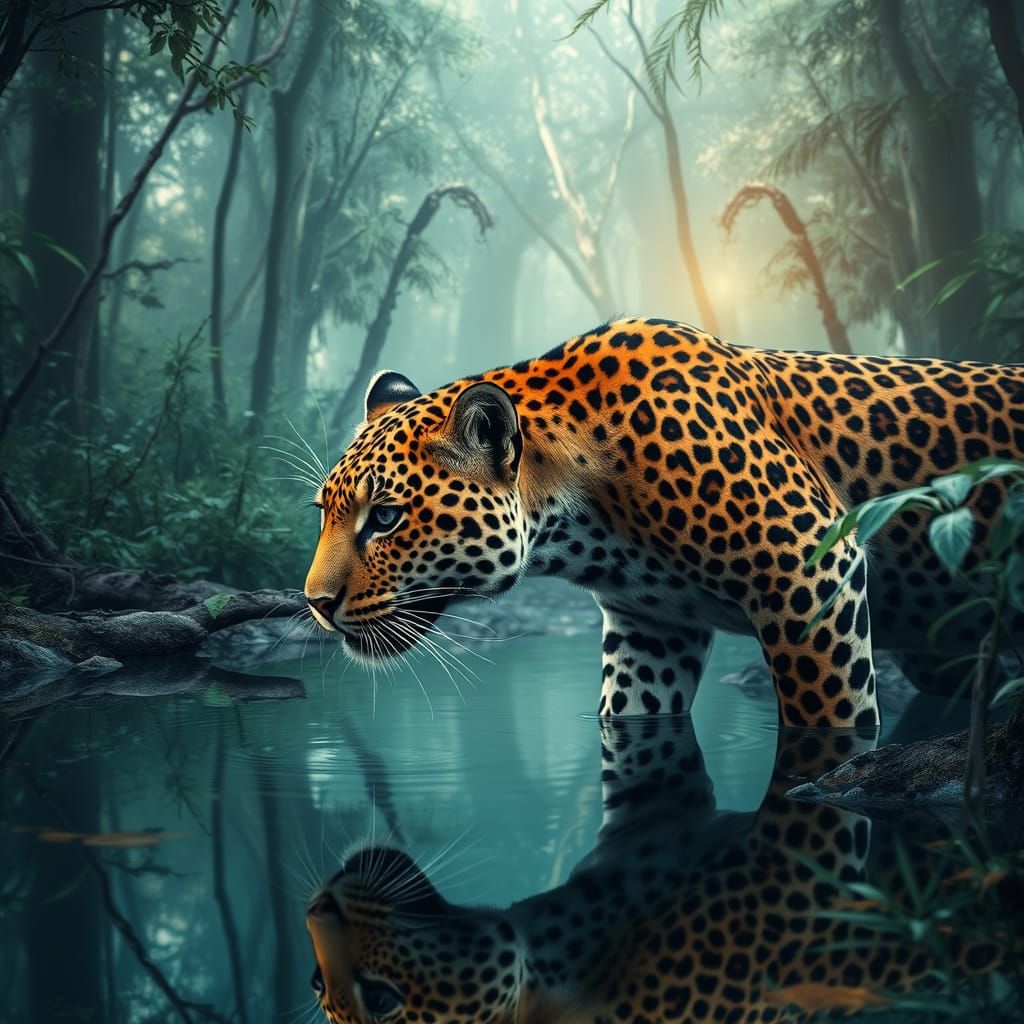 Surreal Leopard in Cosmic Jungle Landscape