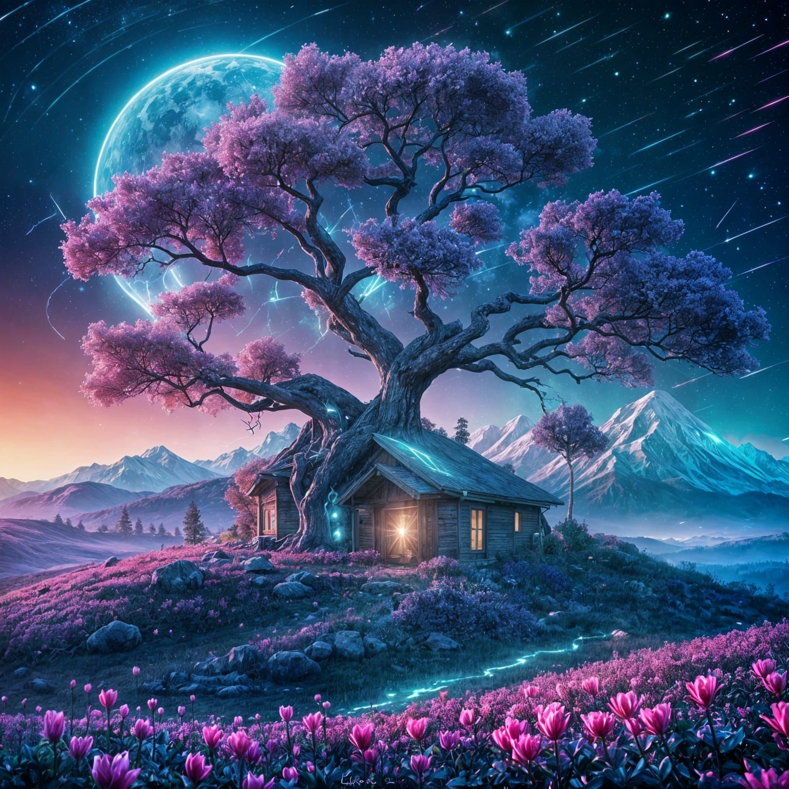 Bioluminescent Magnolia Tree in Synthwave Neon Style