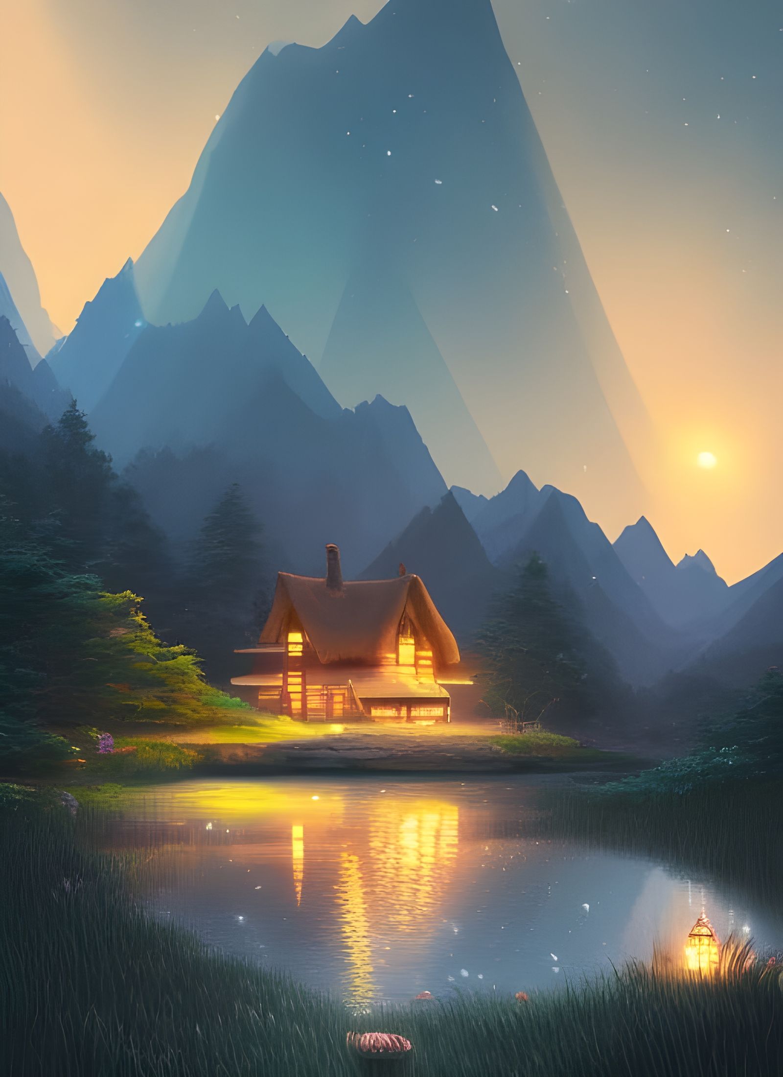 Cottage by Lake at Night: Digital Illustration