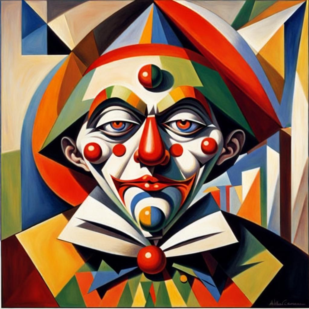 Weird artwork of strange clown, abstract cubism Euclidean Georgy Kurasov Albert Gleizes