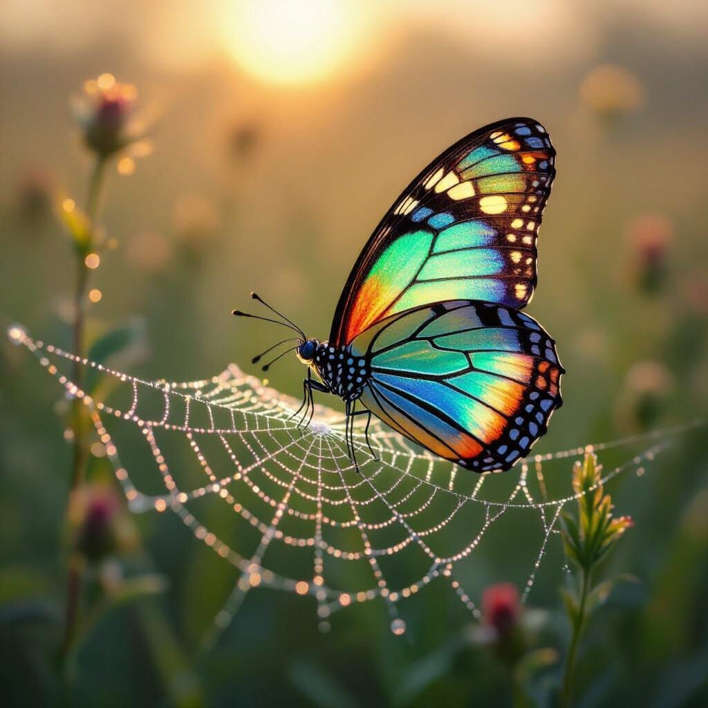 Iridescent Stained Glass Butterfly on Dewy Web