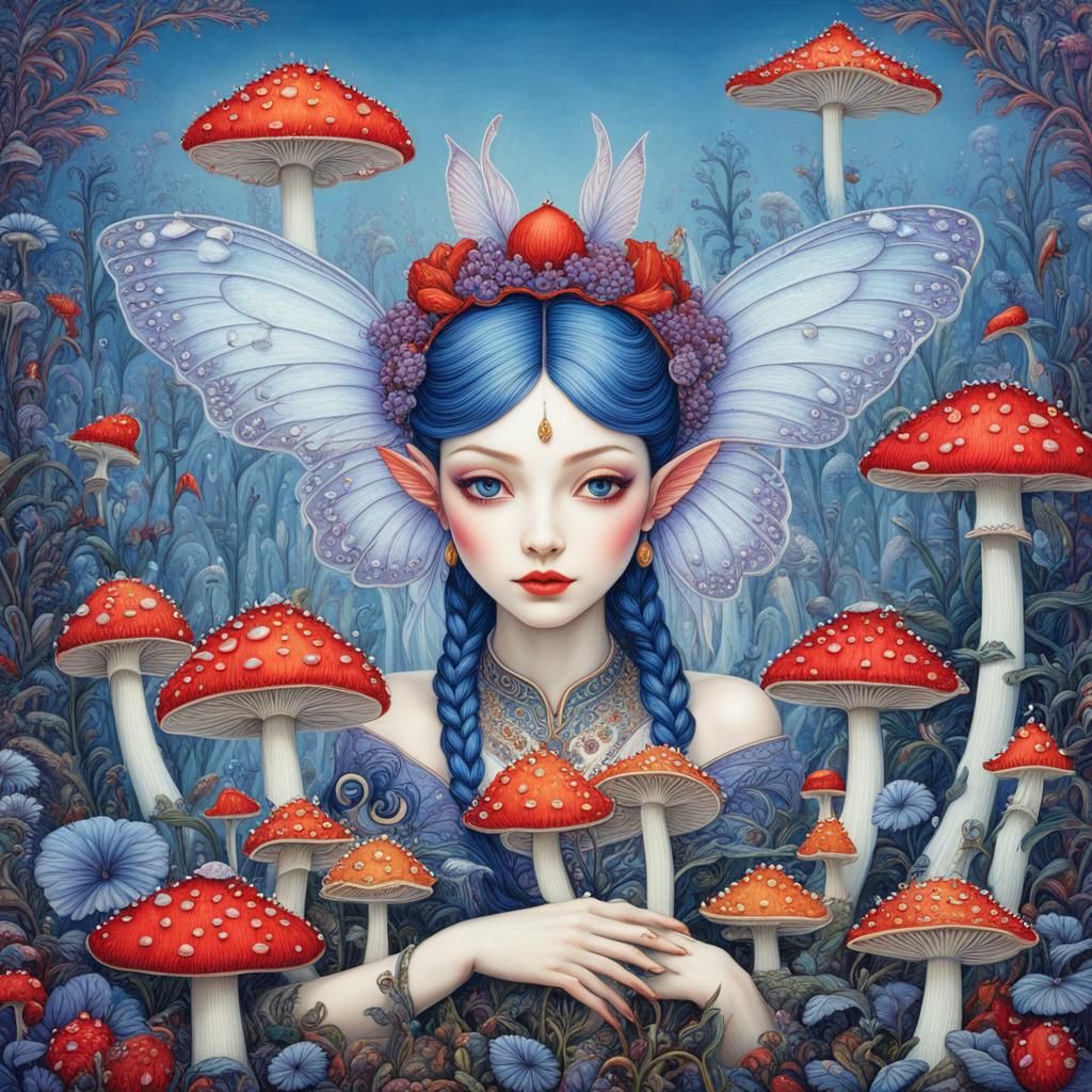 Fairy on Mushroom in Cubist Goth Style