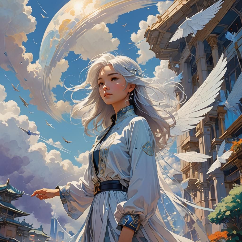 Ethereal Woman with Wings in Dreamy Clouds
