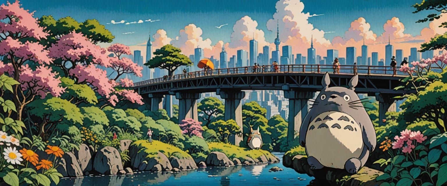 Totoro Overlooking Tokyo in Watercolor Comic Style