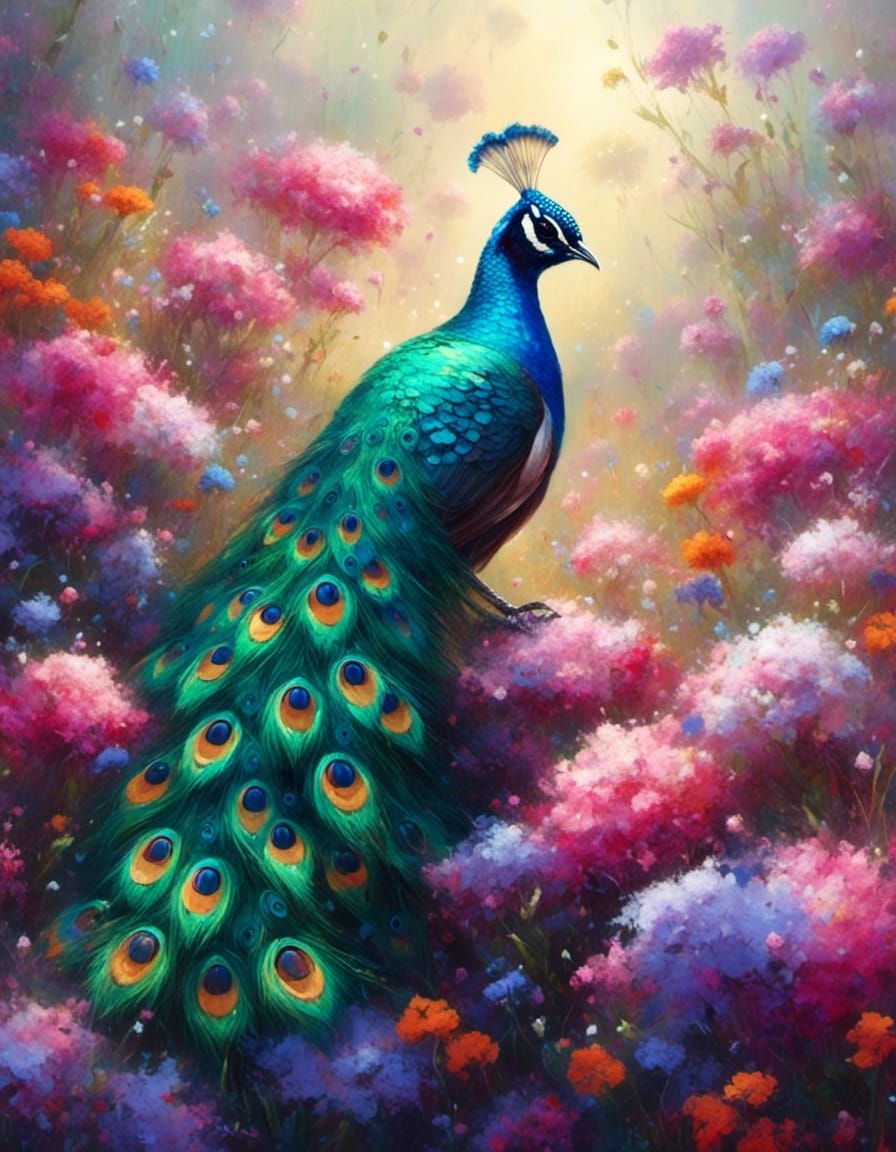Peacock in a field of flowers
