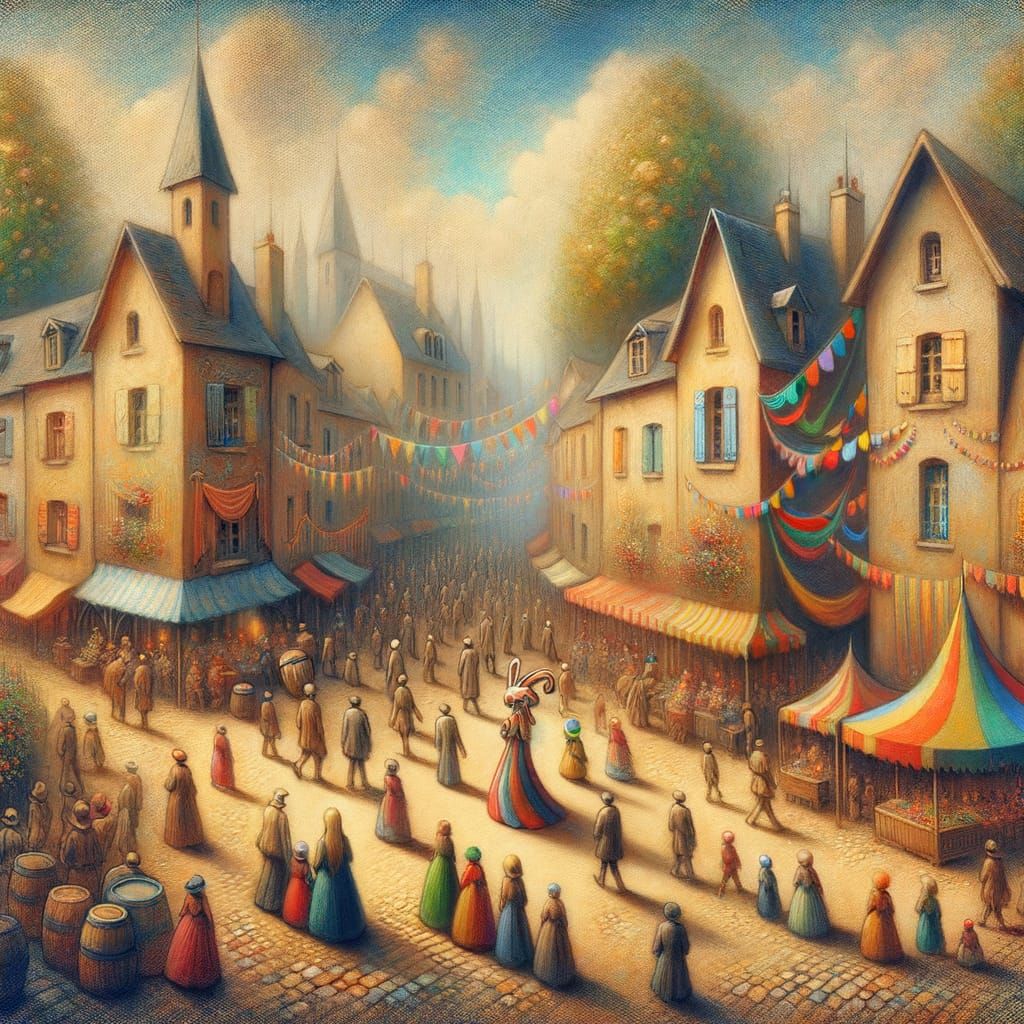 Whimsical Medieval French Village Festival Painting