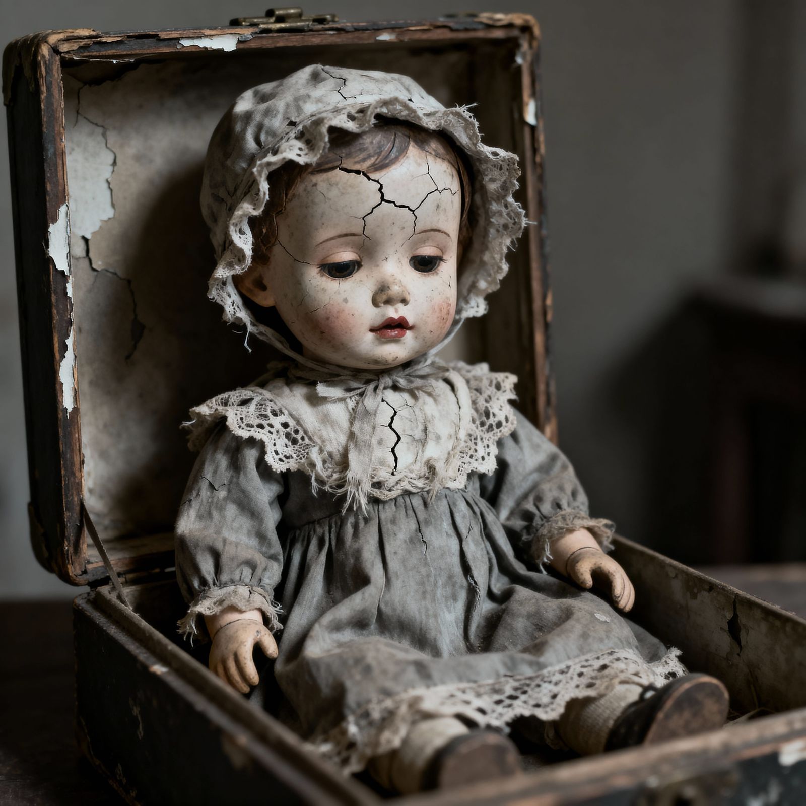 Antique Porcelain Doll Portrait in Eerie Vintage Style