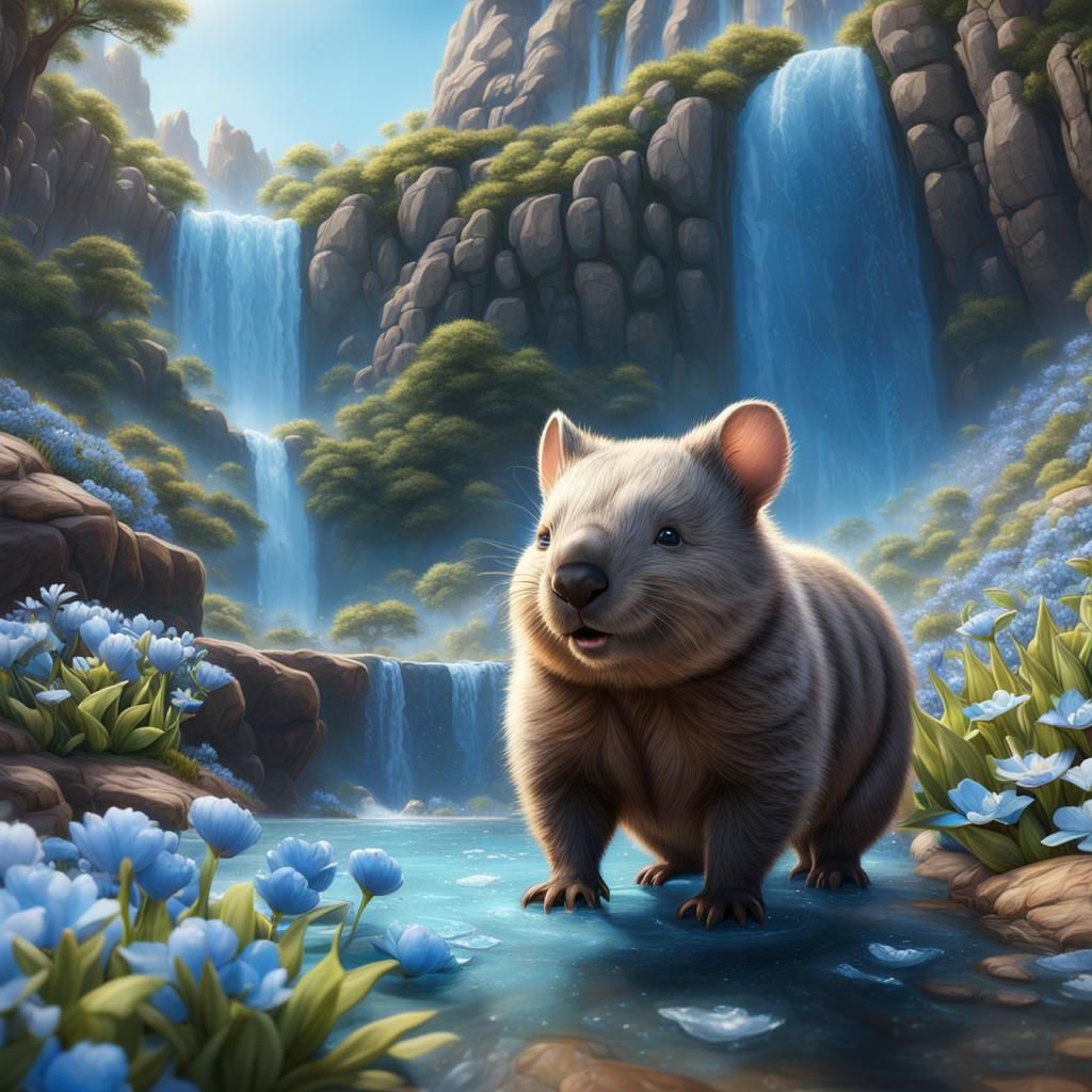 Wombat by Waterfall with Pastel Flowers