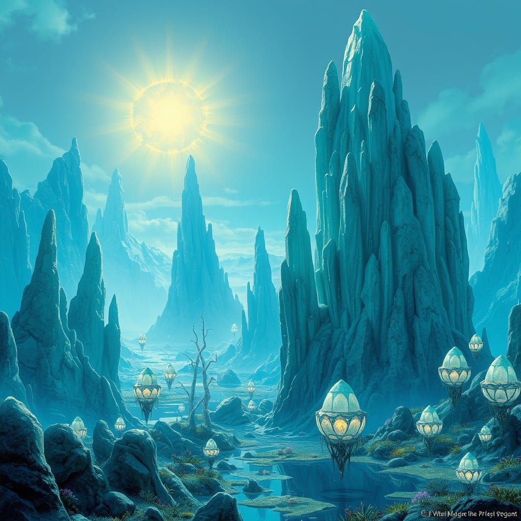 Turquoise Alien Landscape with Crystal Formations and Biolum...