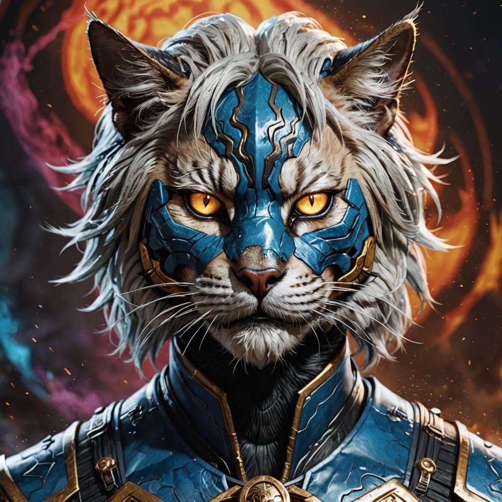 Raiden as Anthropomorphic Cat: Hyperrealistic Splash Art