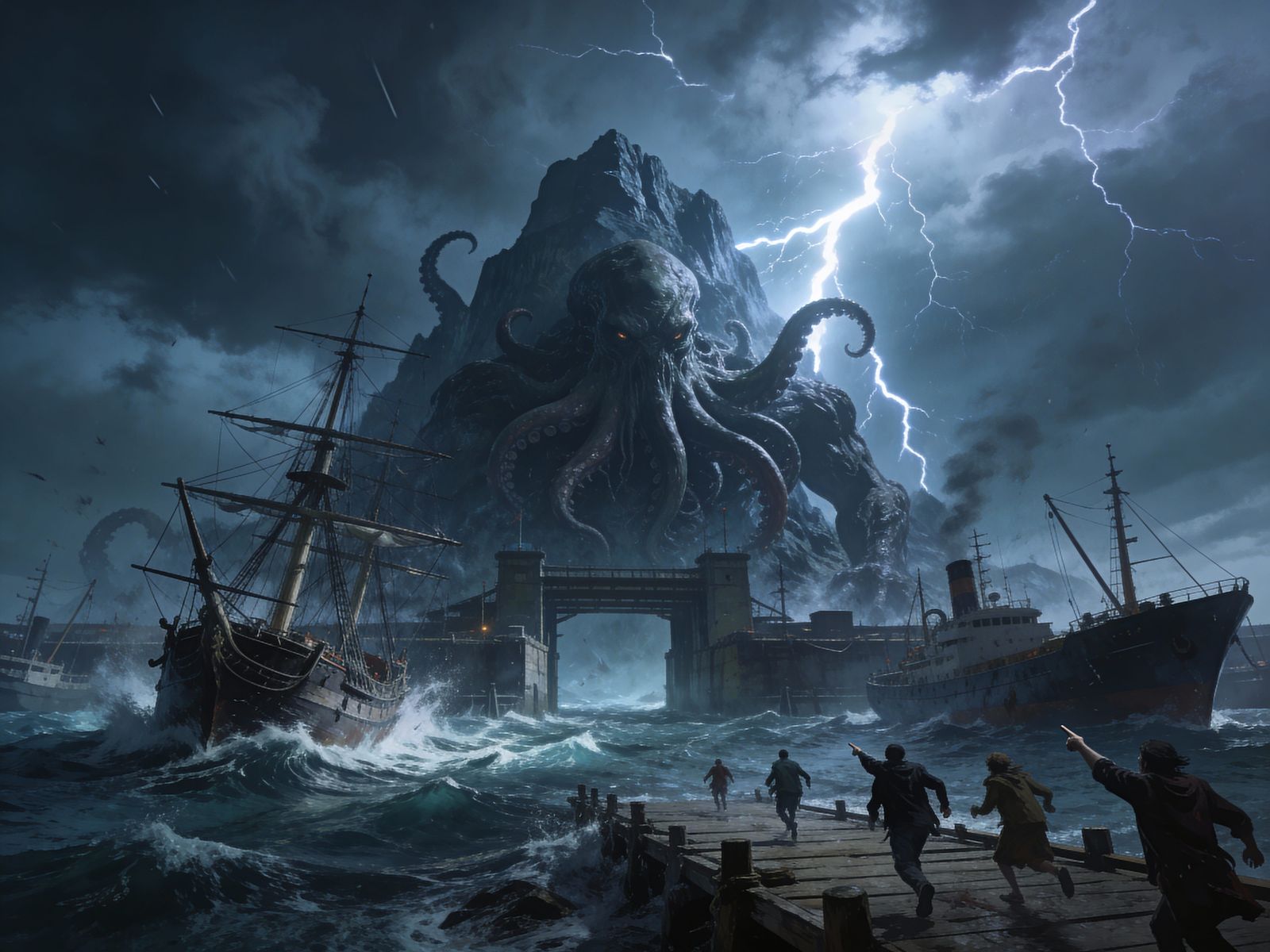 Cthulhu Rises From Stormy Seas At Harbour Entrance