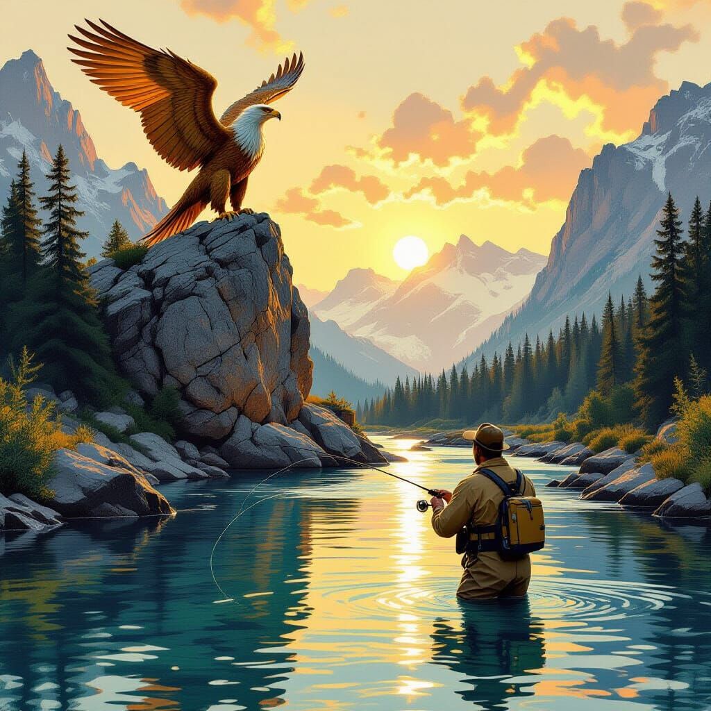 Man Fly Fishing with Ancient Griffin in Golden Hour Mountain...