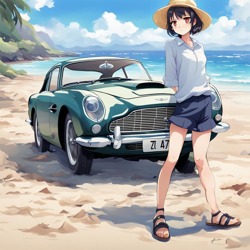 Anime Girl at Beach with Aston Martin DB5