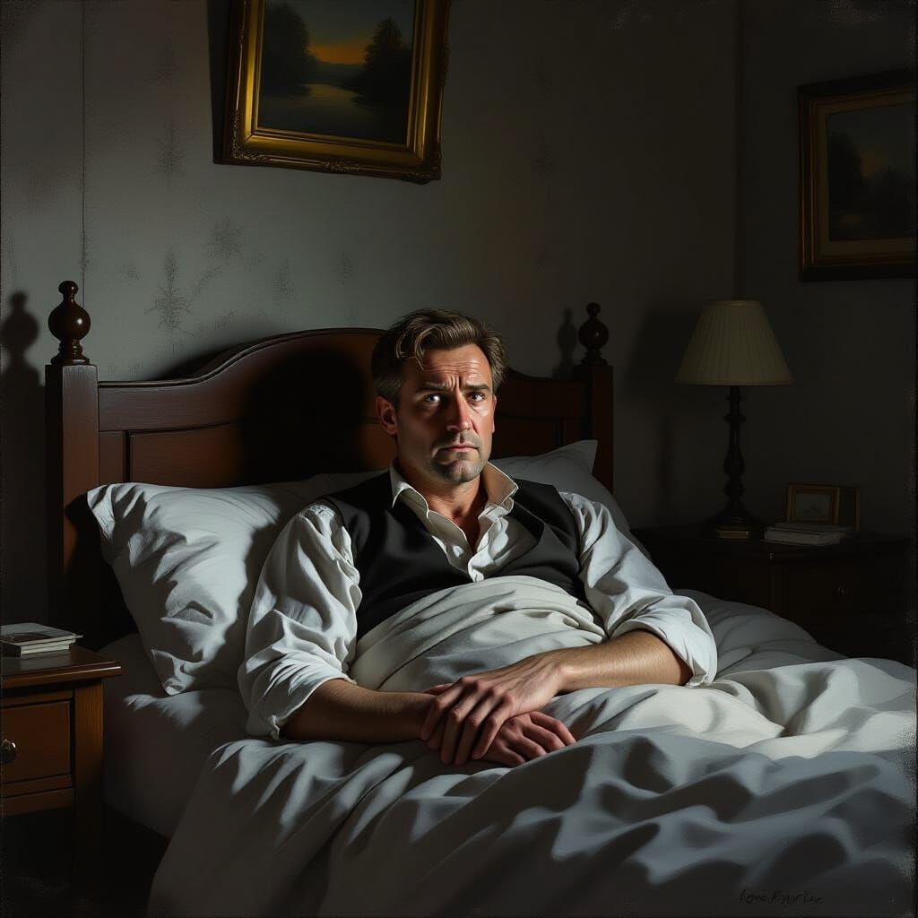 Worried Man in 19th Century Russian Bedroom