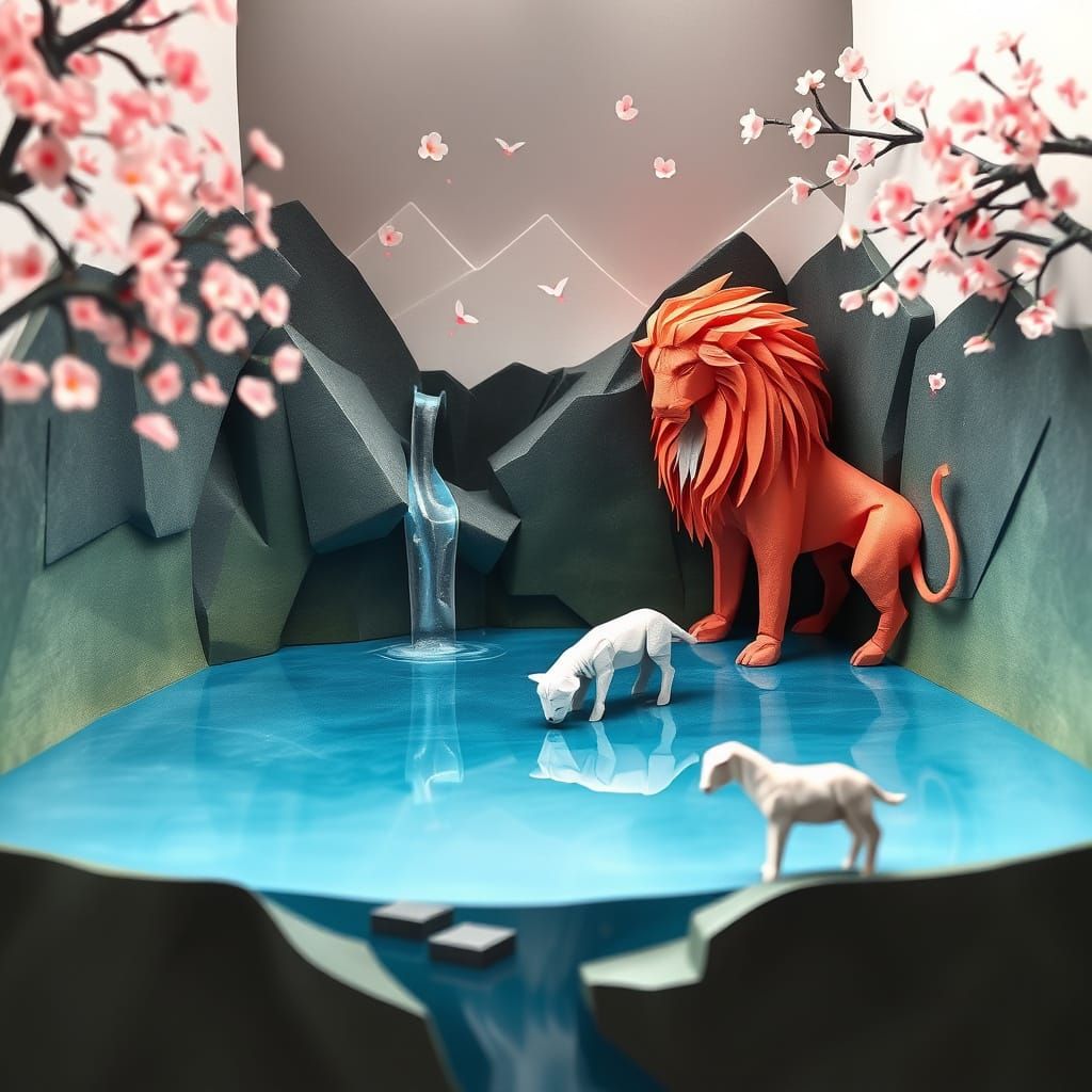 Origami Lion and Lamb in Mountain Landscape