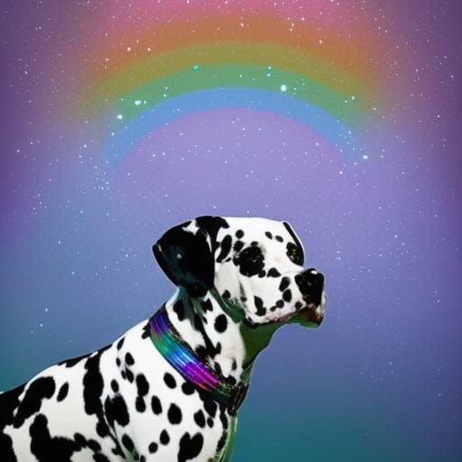 Adorable Dalmatian dog with cool vibes& shimmery rainbow background& magical vibes& fun vibes& friendly vibes