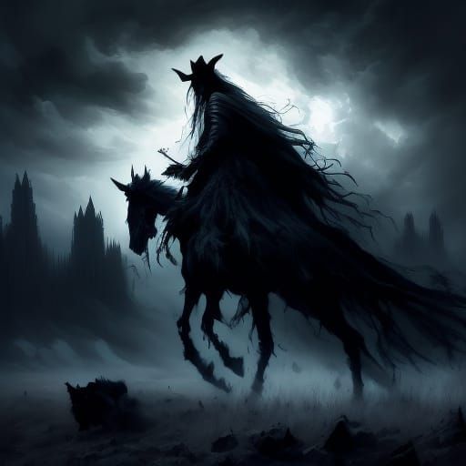 Skeletal Death Rides a Horse Through a Desolate Landscape in...