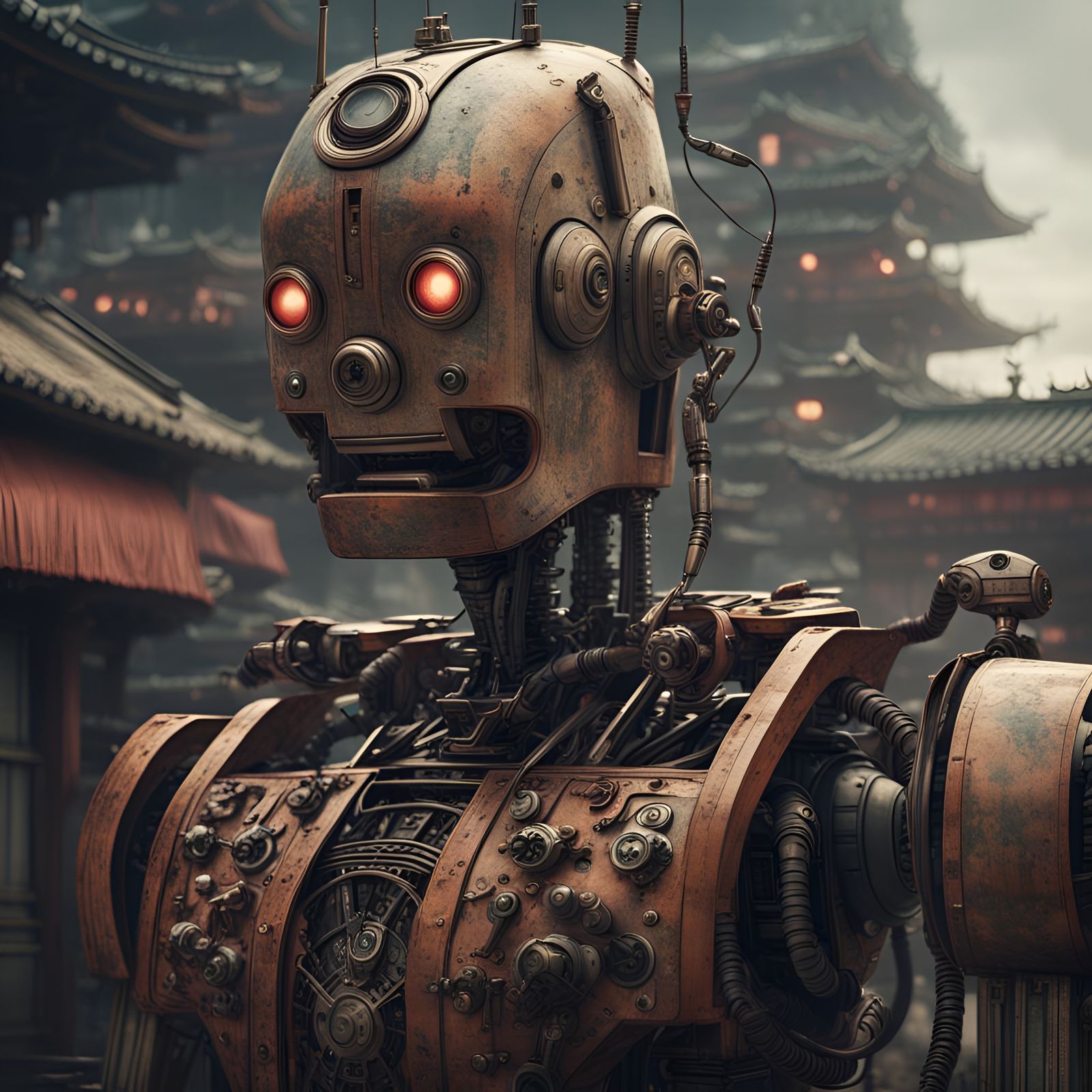 Vintage Japanese Robot with Red Eyes: Digital Matte Painting