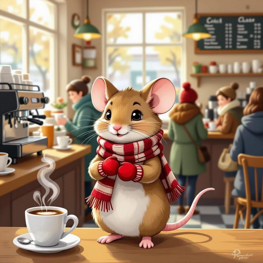 Shy Mouse Waits for Coffee
