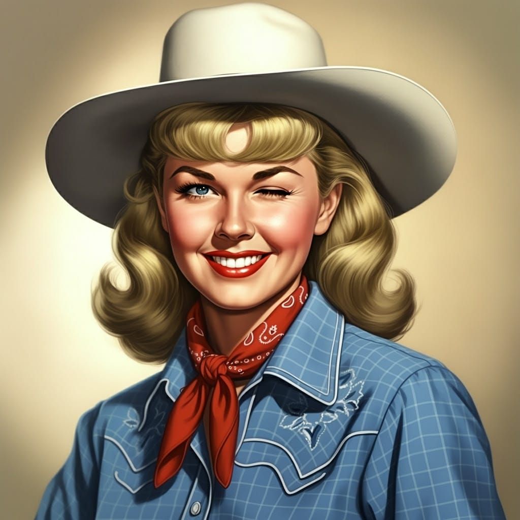 Saucy Retro Portrait of a Winking Cowgirl