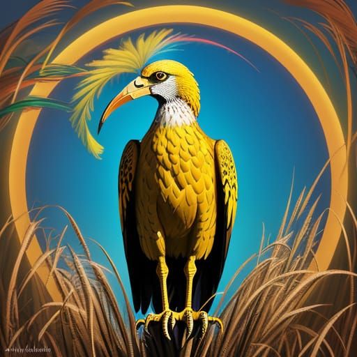Surreal Falcon Ibis Hybrid in Dreamlike Golden Reeds