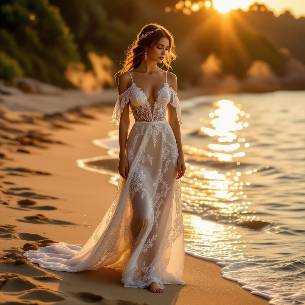 Ethereal Woman in Lace on Golden Hour Shore