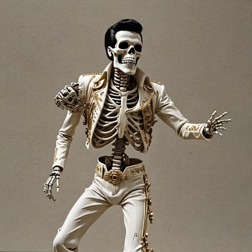 A skeleton dressed liked Elvis dancing and singing, in Las V...