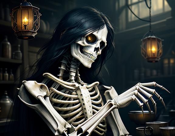 Furry Skeleton Cleans Bones: Dark Fantasy Concept Art