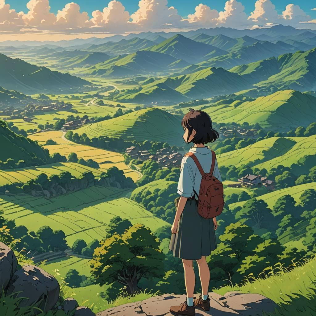 Teen Girl in Nature: Studio Ghibli Anime Style