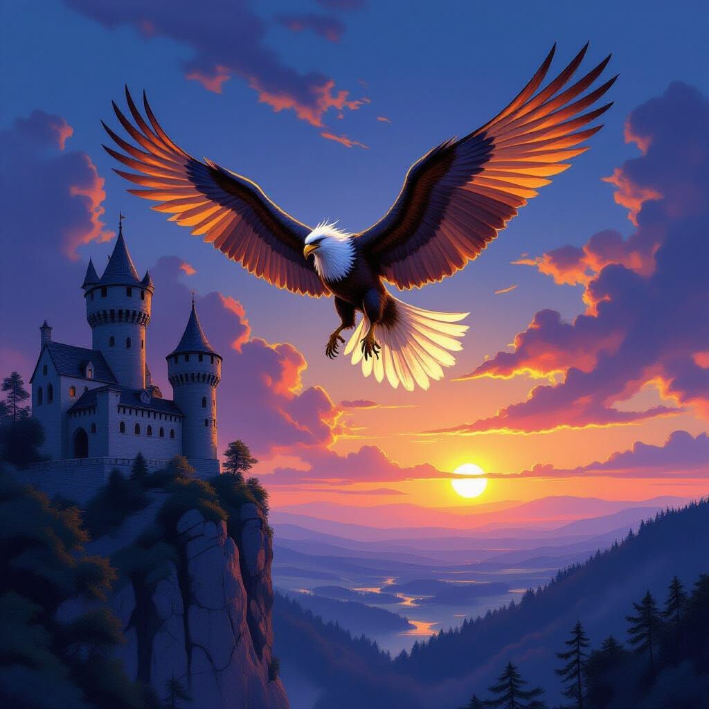 Majestic Griffin Soars Over Medieval Castle at Twilight