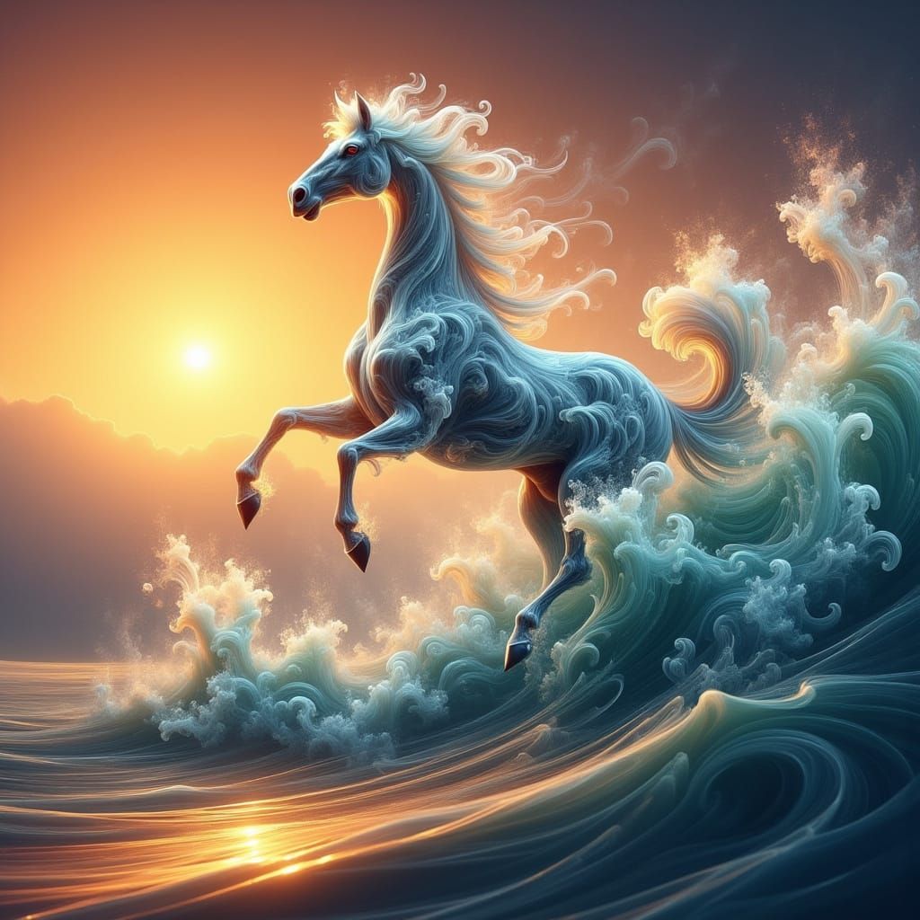 Glass Horses Emerge from Crashing Wave at Sunset