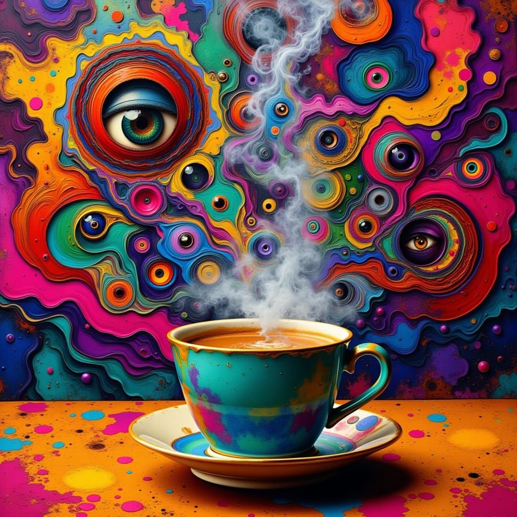 Surreal Coffee Cup with Symbols in Graffiti Art Style