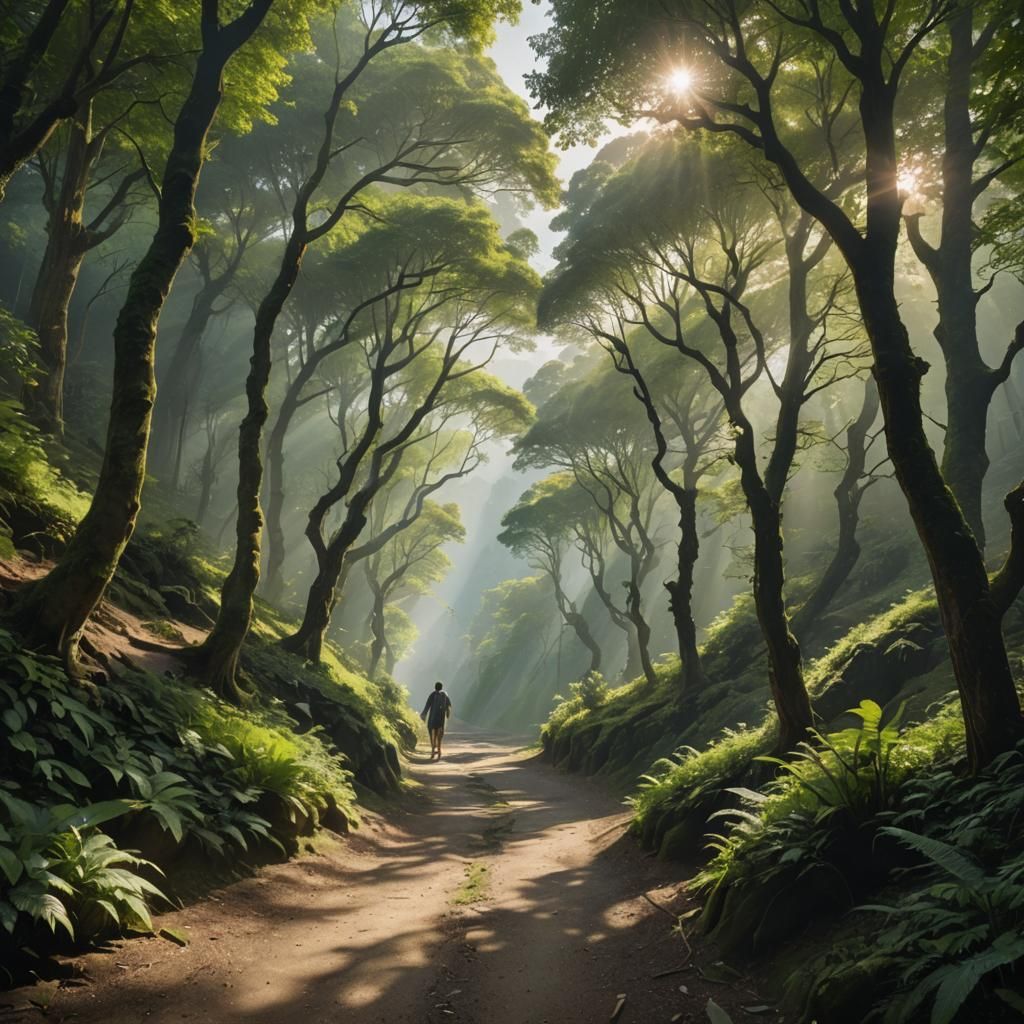 Lush Mountain Path in Holographic Cosmic Style