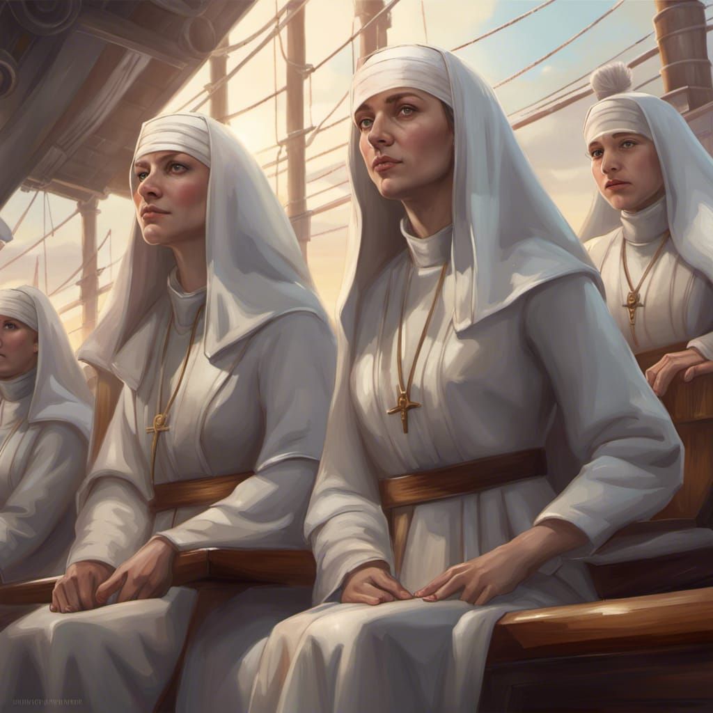 Christian Nuns on Ship: Hyperdetailed Portrait
