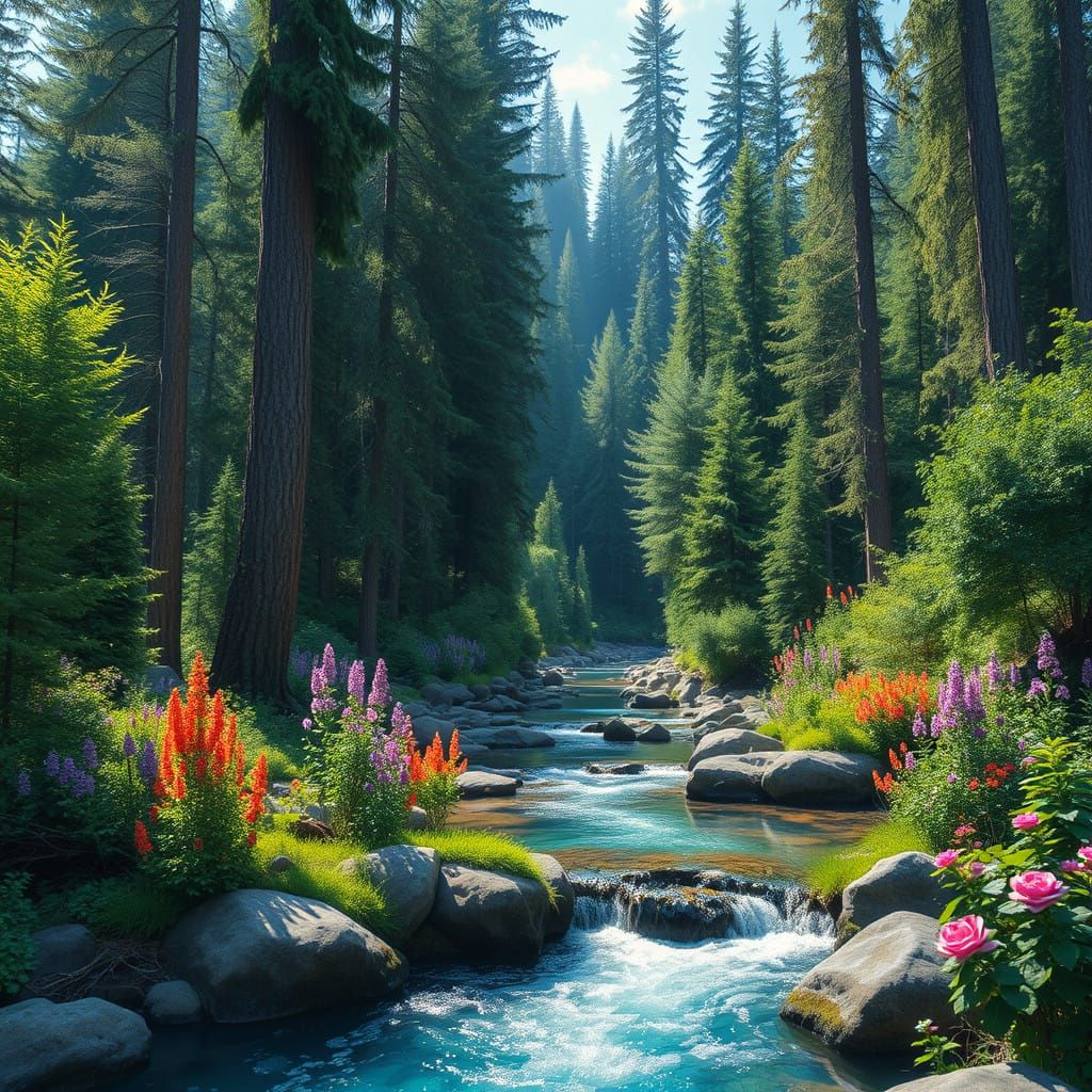 Vibrant Forest Scene with Sparkling Water and Blooming Flowe...