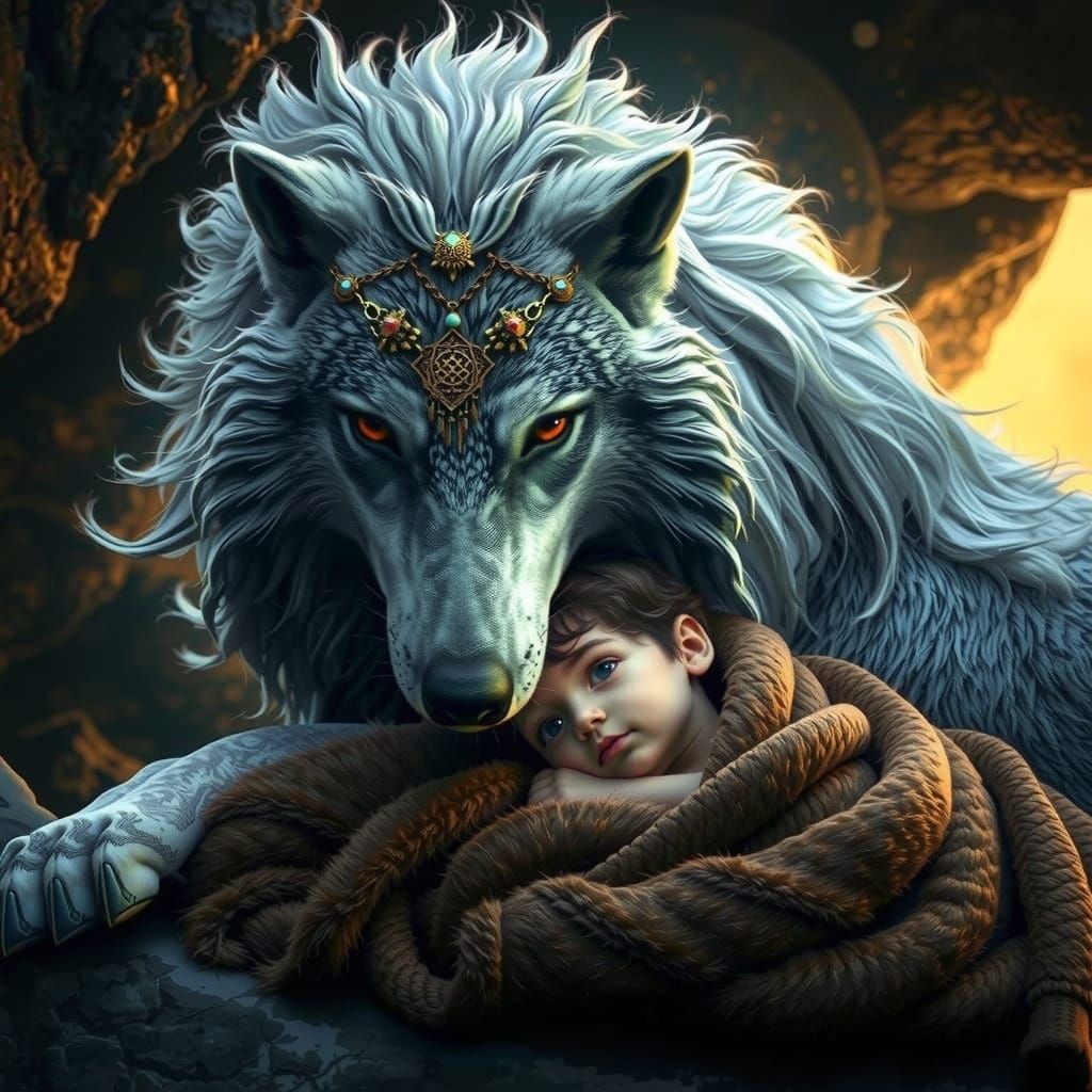 Serene Child and Majestic Wolf in Traditional Mongolian Atti...