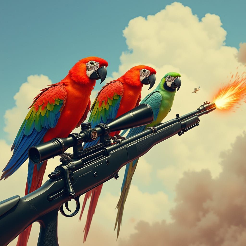 Parrots Ride High-Tech Sniper Rifle in Action-Packed Scene