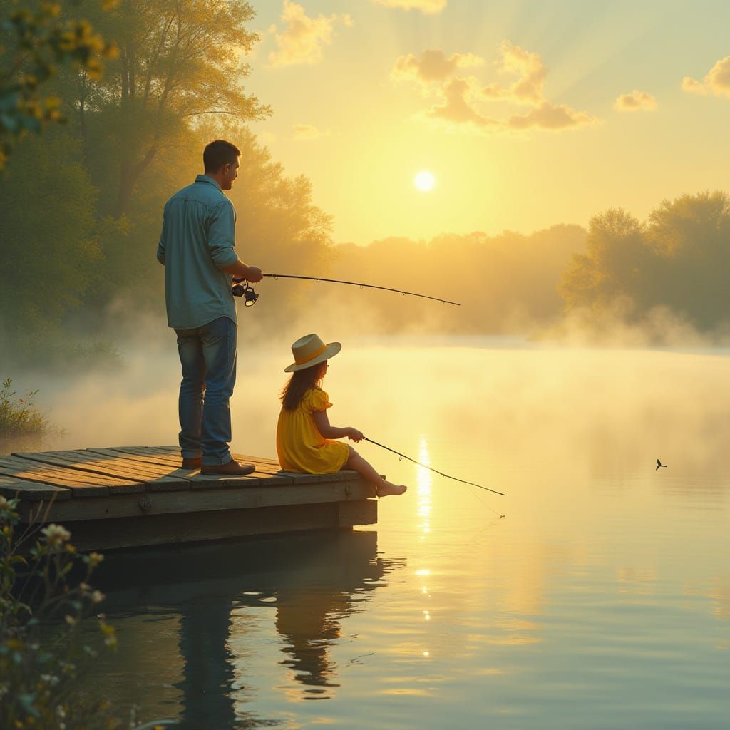 Father and Daughter Enjoy a Peaceful Morning Fishing Trip