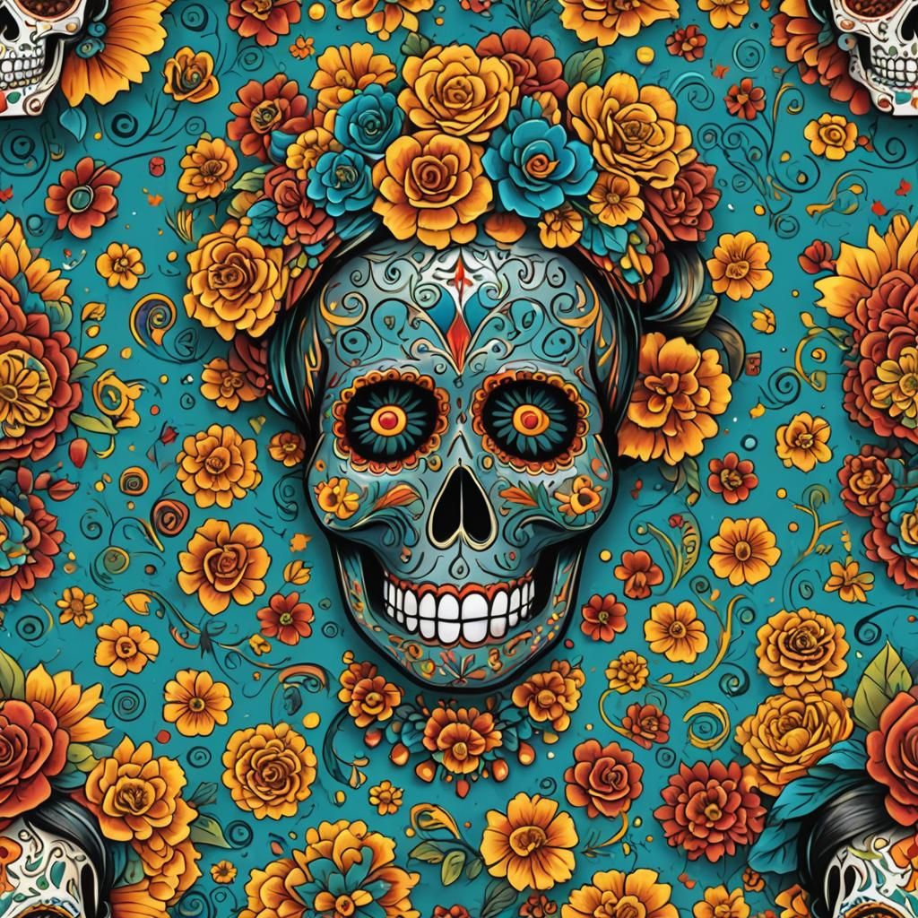 Colorful Dia de los Muertos Skull in Art Nouveau Style
