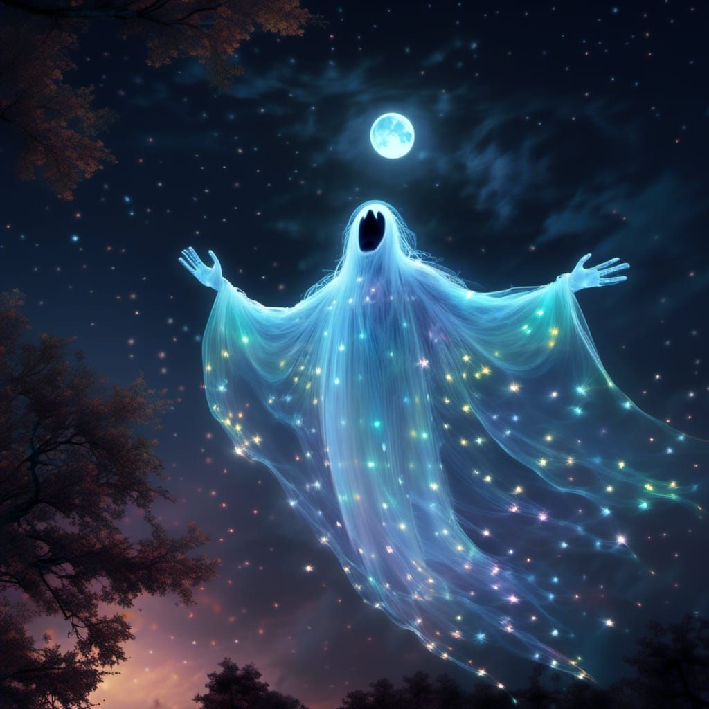 Ethereal Ghost Gazing at Bioluminescent Moon