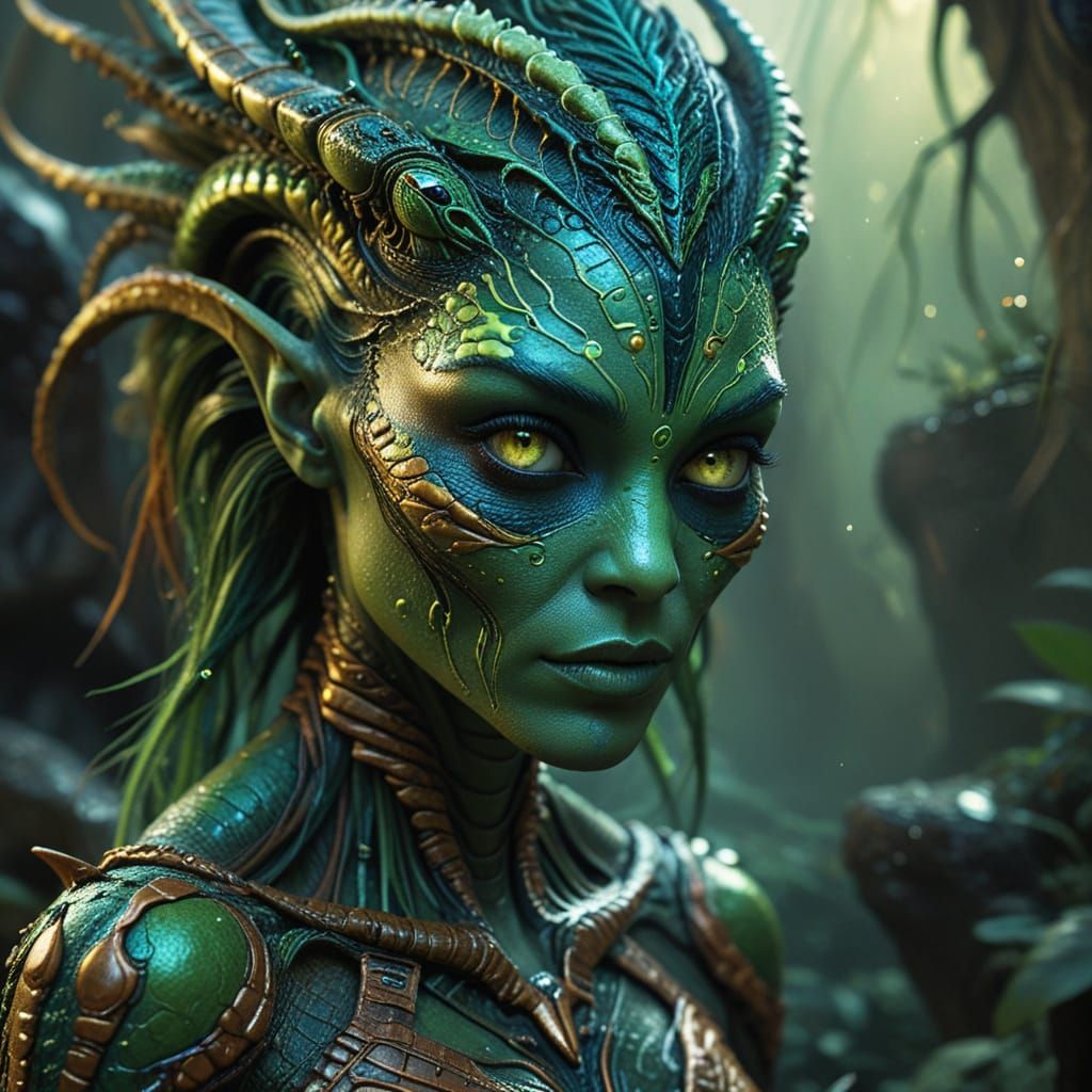 Alien Woman Portrait in Moody Rainforest Atmosphere